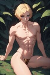 ai_generated bikini_bottom blonde_hair femboy jungle jungle_boy leopard_print muscular_femboy original_character sitting_down slender_body