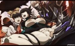 1boy 2girls black_hair breasts ffm_threesome grey_hair group_sex highres hiromine_yoko isonokami_tao isonokami_tao_(megami_tensei) large_breasts mask mouth_mask multiple_girls nahobino_(smt) nipples official_alternate_costume orphen_(pink_seito) protagonist_(smtv) pussy red_lips sex shin_megami_tensei shin_megami_tensei_v shin_megami_tensei_v:_vengeance spoilers threesome v vaginal_penetration yoko_hiromine