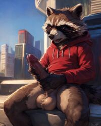 ai_generated anthro balls big_balls big_penis bodily_fluids bottomless brown_body brown_fur city city_background clothed clothing erect_penis erection foreskin furry furry_only genital_fluids hand_on_penis hi_res hoodie humanoid_penis leaking_cum light looking_at_penis male male_only mammal marvel marvel_comics masturbating masturbation mostly_nude multicolored_body open_mouth outside pantless penis precum procyonid public_nudity raccoon red_eyes rocket_raccoon sitting solo solo_male spread_legs sunlight topwear topwear_only two_tone_body vein veiny_penis white_body white_fur