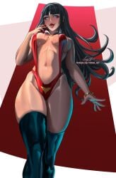 athletic_female black_hair blood blue_eyes fangs fit_female large_breasts long_hair revealing_clothes thick_thighs thighhighs tonyraart vampire vampire_girl vampirella vampirella_(character)