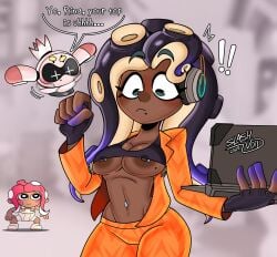 !! agent_8_(splatoon) breasts dark-skinned_female marina_(splatoon) navel_piercing nipple_piercing nipple_slip pearl_(splatoon) senftember senftember_(2024) slash_void splatoon suit tagme tentacle_hair