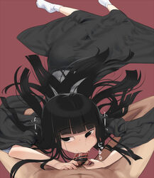 bangs black_eyes black_hair blunt_bangs cheek_bulge fellatio hairjob japanese_clothes kimono long_hair looking_at_viewer lying nanaichi obi on_stomach oral original pov saliva tabi uncensored