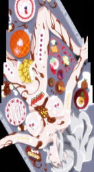 female banana breasts cake censored cherry chocolate chocolate_cake convenient_censoring cream fight_ippatsu!_juuden-chan!! food fruit grapes highres kuran_shunt long_hair lying orange solo syrup watermelon white_hair