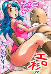 blue_hair censored cum dragon_ball dragon_ball_z dress ejaculation long_hair maron master_roshi penis sweat takimoto_dojo