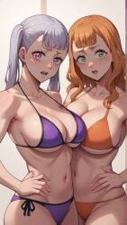 2girls ai_generated big_breasts bikini black_clover breasts cousins green_eyes hi_res large_breasts mimosa_vermillion noelle_silva orange_hair purple_eyes silver_hair thick_thighs thighs twintails wavy_hair