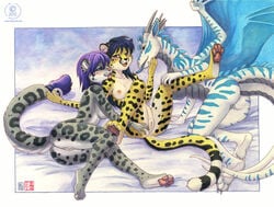 2012 anthro breasts dragon ear_piercing feline female fur furry hindpaw interspecies kacey licking paws piercing pussy snow_leopard threesome tongue yuri