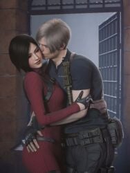 1girl1boy ada_wong asian asian_female ass black_hair bob_cut breasts embrace es_nio_arts_(artist) gloves hugging kissing kissing_cheek leon_scott_kennedy lipstick looking_at_partner resident_evil resident_evil_4 resident_evil_4_remake side_view skirt slim_waist tight_clothing