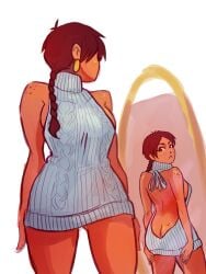 aubrey_(sea_legs) braided_hair brown_eyes brown_hair checking_out_self mirror ndasfw sea_legs sweater tan_skin virgin_killer_sweater