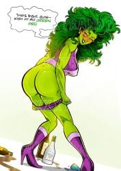 1girls alcohol ass big_breasts big_hair blush bottle bottomless closed_eyes curly_hair dialogue drunk earrings english_text green-skinned_female green_hair green_skin high_heel_boots high_heels hulk_(series) illustrandy looking_at_viewer looking_back marvel marvel_comics mooning pulling_down_pants purple_top rear_view she-hulk she_hulk smile speech_bubble taking_off_panties teasing undressing white_background