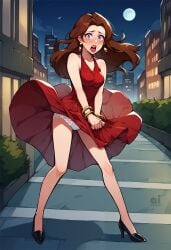 accidental_exposure ai_assisted ai_couture ai_generated blue_eyes brown_hair embarrassed exposed_panties eyeshadow high_heels legs lipstick mario_(series) nintendo pauline skirt_tug super_mario_odyssey surprised white_panties wind wind_lift