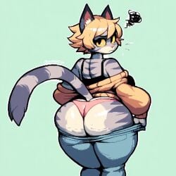 ai_generated anthro bedroom big_ass big_breast big_butt blonde_hair blush cellulite curvaceous feline female furry furry_female gray_fur nipples oc original original_character seductive short_hair tail