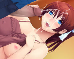 blue_eyes blush breasts brown_hair censored cum ejaculation handjob penis yuzurihaya