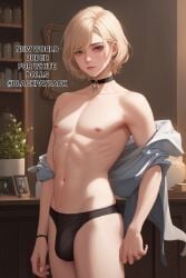 1boy 1femboy abs afroking ai_generated anime_style athletic athletic_male blonde_hair brown_eyes bulge caption choker cute english_text exposed_breasts exposed_nipples exposed_torso femboy feminie feminine_male feminization fit fit_male flat_chest flat_chested gay male male_only muscles office pale-skinned_male pale_skin politics secretary sissy solo solo_male text twink underwear underwear_only undressing white_body white_skin yaoi