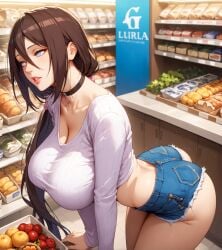 1girls ai_generated alex-schura bent_over big_breasts blush boruto:_naruto_next_generations breasts brown_hair choker cleavage collar cowboy_shot denim_shorts female female_only groceries grocery_store hair_between_eyes horny horny_female hourglass_figure huge_breasts hyuuga_hanabi large_breasts legwear light-skinned_female light_skin low-tied_long_hair low_ponytail miniskirt nai_diffusion naruto naruto_(series) nipples nipples_visible_through_clothing pink_nipples pinup puffy_nipples revealing_clothes sagging_breasts shirt short_shorts shorts skirt solo solo_focus stable_diffusion standing thick_thighs thighs upper_body very_long_hair violet_eyes voluptuous wet_shirt wide_hips