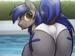 4:3 absurd_res aerial_ace anus_outline blue_hair brown_eyes clothing cutie_mark equid equine eyewear feral glasses hair hasbro hi_res horse looking_back male male_focus male_only mammal my_little_pony pony pool poolside raised_tail selenophile smile smiling_at_viewer solo tail tongue underwear white_clothing white_underwear