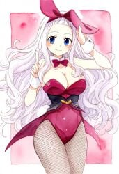 ai_assisted ai_generated ass_visible_through_thighs bare_arms bare_shoulders big_breasts blue_eyes blush breasts bunny_ears bunnysuit cleavage closed_mouth detached_collar fairy_tail fishnet_pantyhose fishnets jei_games leotard long_hair mirajane_strauss red_leotard smile thighs white_hair wrist_cuffs