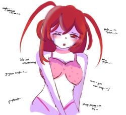 1girls antenna_hair colored_skin english_text funamusea heart_print implied_rape large_breasts lobco lobster_girl long_hair mafuedayu navel one_eye_closed pink_bikini red_hair simple_background solo tears text wadanohara_and_the_great_blue_sea white_background white_skin