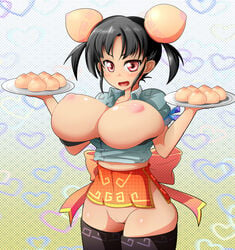 1girls baozi black_hair black_legwear breasts double_bun dumpling female food heart highres huge_breasts nikuman nipples open_mouth original puffy_nipples pussy red_eyes short_hair solo thighhighs thighs tied_hair twintails wakagashira