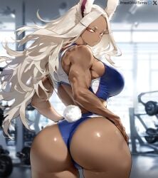 1girls ai_generated ass back_view big_ass big_butt bunny_ears bunny_girl bunny_tail dark_skin female female_only gym gym_uniform miruko multiple_girls muscular muscular_female my_hero_academia priestofart red_eyes rumi_usagiyama solo spotted_body tagme