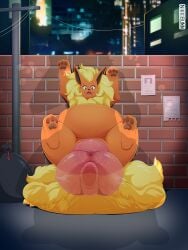 alley alleyway city city_background cityscape dominant_male female flareon fuwa_(nikkibunn) huge huge_balls huge_testicles male male/female nikkibunn nintendo penis pokemon pokemon_(species) semi-anthro slowpoke submissive_female umbreon wall wall_(structure)