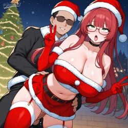 1boy ahe_gao ai_generated ass big_ass big_breasts christmas clothes cock dark-skinned_male female glasses public pussy sex vaginal_sex voluptuous_female wife zadbhell