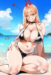 ai_generated beach bikini black_bikini chainsaw_man curvy lounging novelai power_(chainsaw_man) thiccwithaq_(ai_style)