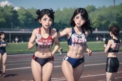 ai_generated brown_hair drumicube female_only medium_breasts multiple_girls nipples no_sound nude ponytail short_hair shorts shower tagme tied_hair track_and_field track_uniform video