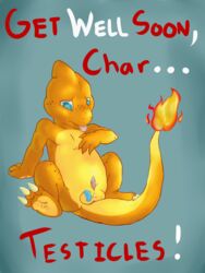 1boy balls bandaid blue_eyes char charmander english_text fire male male_only nintendo penis plain_background pokémon_(species) pokemon pokemon_rgby sarvix sitting solo sticking_plaster tail tail_fire tongue tongue_out