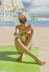 beach breasts completely_nude completely_nude_female female female_only follower_celebration fortnite holding_beer hush_(fortnite) kitway looking_at_viewer mask masked masked_female necklace nude nude_female public public_nudity shiny shiny_skin solo solo_female