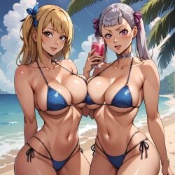 2girls ai_generated big_breasts bikini black_clover blonde_hair breasts brown_eyes curvy fairy_tail hi_res large_breasts lucy_heartfilia noelle_silva purple_eyes rubyart silver_hair skimpy twintails