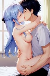 1boy 1girls ahoge ai_generated arms_around_neck ass_grab black_hair black_pants blush braid breasts closed_eyes clothed_male_nude_female comfyui couple curtains female french_kiss from_side hair_ribbon hassaku_(model) hassaku_xl hug implied_sex indoors kissing kissing light_blue_hair long_hair male male/female medium_breasts milua navel nipples no_visible_genitalia nude nude_female on_bed original pants self_upload sex shirt short_hair short_sleeves straddling straight straight_couple sweat tongue tongue_kiss upright_straddle white_shirt