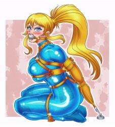 armbinder ball_gag blonde_hair_female bondage bondage_harness boundpretties breast_squeeze gag gagged latex latex_bodysuit latex_catsuit leather_harness legs_tied metroid nintendo ponytail samus_aran zero_suit zero_suit_samus