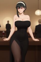 ai_generated big_ass big_boobs big_breasts black_dress black_hair busty fishnets radnsad red_eyes short_hair_with_long_locks sidelocks solo solo_female solo_focus spy_x_family thick_thighs wine wine_glass yor_briar yor_forger