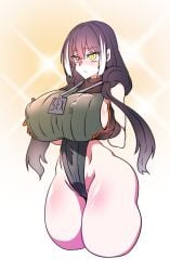 alternate_breast_size bare_shoulders black_gloves black_hair blush breasts covered_nipples cowboy_shot female girls'_frontline gloves grabbing_own_breast gradient_background h_earth hair_over_shoulder heterochromia highleg highleg_one-piece_swimsuit highres huge_breasts lanyard leotard long_hair low_twintails mole mole_on_crotch mole_on_pussy multicolored_hair nose_blush one-piece_swimsuit red_eyes ribbed_leotard ro635_(girls'_frontline) simple_background sleeveless sleeveless_sweater solo streaked_hair super_highleg sweater swimsuit thick_thighs thighs twintails white_background white_hair wide_hips yellow_background yellow_eyes