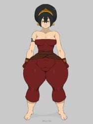 1girls aged_up avatar_legends avatar_the_last_airbender belly breasts curvy_figure earth_kingdom feet female female_only fire_nation_clothing human pussy_outline solo thick_thighs toph_bei_fong yelftea