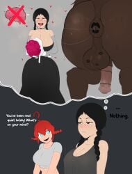 2girls anus beast_rimming big_breasts brainwashed cleavage dialogue female g3mma horse huge_breasts human kiss_mark_on_balls kiss_marks large_breasts rimming text the_addams_family thinking voluptuous wednesday_addams wendy's wendy_thomas zoophilia