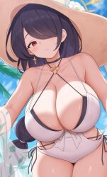 bare_shoulders black_choker black_hair blue_archive blush breasts choker cleavage collarbone covered_navel cross cross_earrings earrings female hair_over_one_eye hat highres hinata_(blue_archive) hinata_(swimsuit)_(blue_archive) jewelry large_breasts long_hair looking_at_viewer official_alternate_costume one-piece_swimsuit one_eye_covered outdoors parted_lips red_eyes see-through sisterhood_(blue_archive) solo swimsuit trinity_general_school_student wet white_one-piece_swimsuit yasojima_nejiro