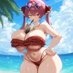 ai_generated beach big_breasts bikini boba_tea breasts cleavage drinking frilled_bikini hands_on_hips heterochromia hololive hololive_fantasy houshou_marine huge_breasts large_breasts red_bikini red_hair sunglasses sunglasses_on_head thick_thighs underboob virtual_youtuber vtuber