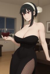 ai_generated big_ass big_boobs big_breasts black_dress black_hair busty fishnets radnsad red_eyes short_hair_with_long_locks sidelocks solo solo_female solo_focus spy_x_family thick_thighs wine wine_glass yor_briar yor_forger