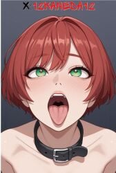 1girls ai_generated eyes_rolling_back face_focus green_eyes open_mouth red_hair tongue_out watermark