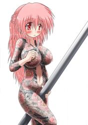 1girls blush breasts cigarette earring earrings female full_body_tattoo jewelry large_breasts long_hair navel nipple_piercing nipple_rings nipples nude piercing pink_hair pole pole_dancing red_eyes seiji_(artist) simple_background solo standing straddle straddling tattoo white_background