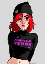 black_shirt bold-n-brash original original_character punk_girl red_eyes red_hair