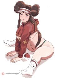 ass bad_anatomy bikini blue_eyes breasts brown_hair dreyfos female hood hoodie md5_mismatch pokemon pokemon_bw2 ponytail rosa_(pokemon) solo swimsuit thick_thighs thighs