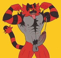 abs anthro balls biceps cum erection felid flexing_bicep fur furry generation_7_pokemon genital_fluids incineroar male male_nipples male_only mammal muscular_male nintendo nipples orgasm pecs penis pokemon pokemon_(species) shypurples113