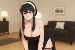 ai_generated big_ass big_boobs big_breasts black_dress black_hair busty fishnets radnsad red_eyes short_hair_with_long_locks sidelocks solo solo_female solo_focus spy_x_family thick_thighs yor_briar yor_forger