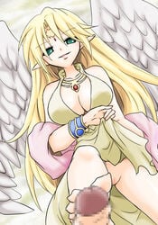 angel angel_wings artist_request blonde_hair breasts censored cleavage feet femdom footjob green_eyes highres ilias large_breasts monster_girl_quest penis pointy_ears pussy wings