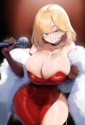 ai_generated ameanon big_breasts blonde_hair blue_eyes breasts choker cleavage elbow_gloves hololive hololive_english hololive_myth huge_breasts large_breasts microphone red_dress singer thick_thighs virtual_youtuber vtuber watson_amelia