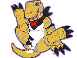 agumon_x animal_genitalia anthro anus bandai_namco bandana belly claws cloaca digimon digimon_(species) genitals kerchief male neckerchief penis penis_tip red_eyes roguemorpho scalie sharp_teeth solo spread_legs spreading teeth x-digimon yellow_body