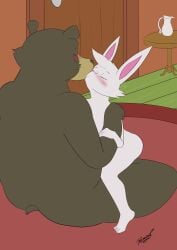 absurd_res anthro anthro_on_anthro bear blush brown_body brown_fur duo endymion_(endymionwr) fluttershy's_cottage friendship_is_magic fur happy happy_sex harry_the_bear_(mlp) hasbro hi_res holding_onto_partner inside kissing lagomorph leporid looking_pleasured male male/male mammal my_little_pony nude rabbit reminic sex sitting size_difference white_body white_fur