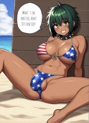 ai_generated american_flag_bikini beach bikini bulge bulge_through_clothing dark-skinned_futanari futanari futasub green_eyes green_hair male_pov morgan_(xdk141) pov short_hair spiked_collar stable_diffusion xdk141